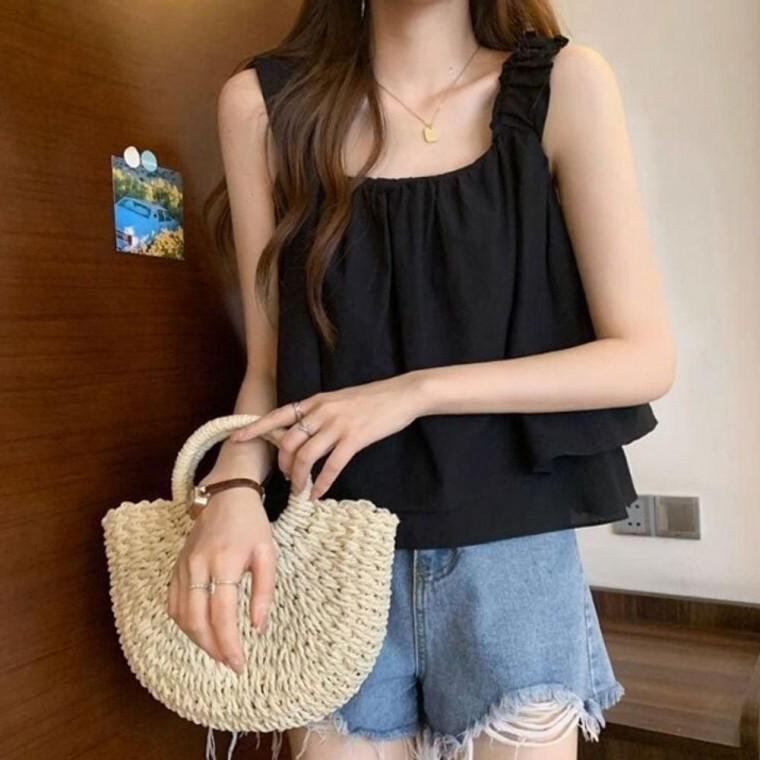 여성 러블리 크롭 블라우스 1P 여름 프릴 숄더 민소매
