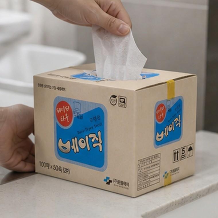 무형광 박스 페이퍼타올 100매 2겹 엠보싱 핸드타올 클린컷팅 잔먼지 최소화