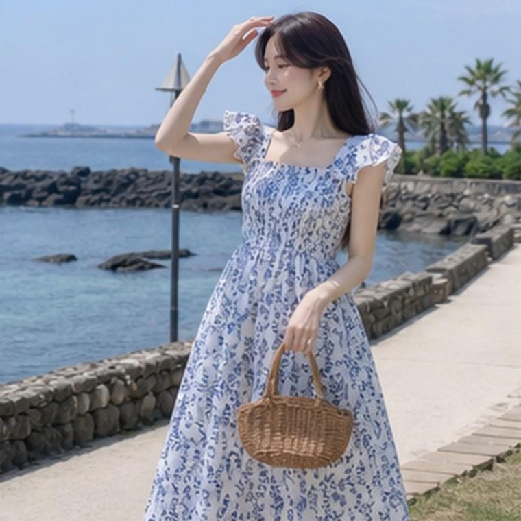 여성 여름 플라워 롱원피스 스퀘어넥 어깨프릴 스모크밴딩 바캉스룩
