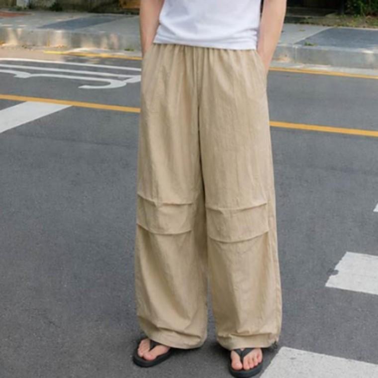 남성 봄 여름 무릎 레이어 포인트 벌룬 롱팬츠 와이드 카고 밴딩바지