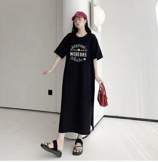 레터링 포인트 오버사이즈 롱 티셔츠 원피스