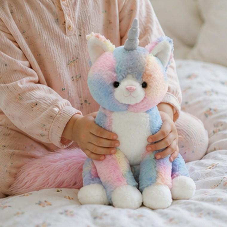 무지개빛 파스텔톤 그라데이션 유니콘 고양이 봉제인형 32cm 침대 장식용