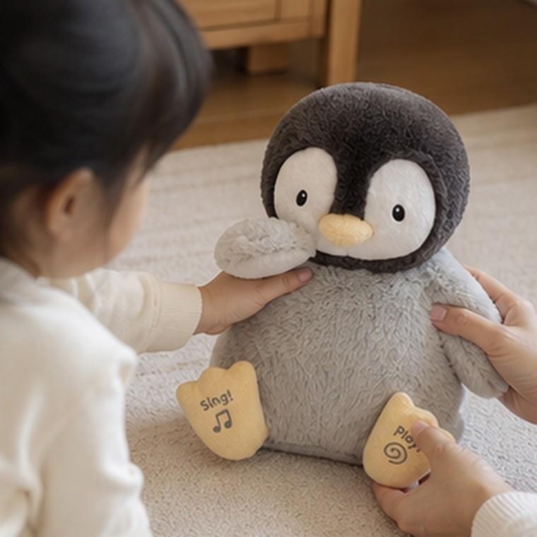 아이놀이용 노래하는 펭귄 봉제인형 키시 발을 누르면 작동하는 뽀뽀 기능