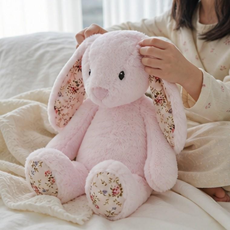 애착인형 핑크 토끼 베이비 봉제인형 40cm 꽃무늬 안감 귀 유아용