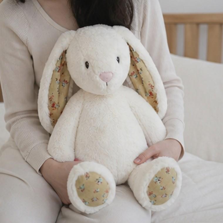 아이보리 토끼 애착인형 40cm 긴 귀 꽃무늬 부드러운 봉제인형