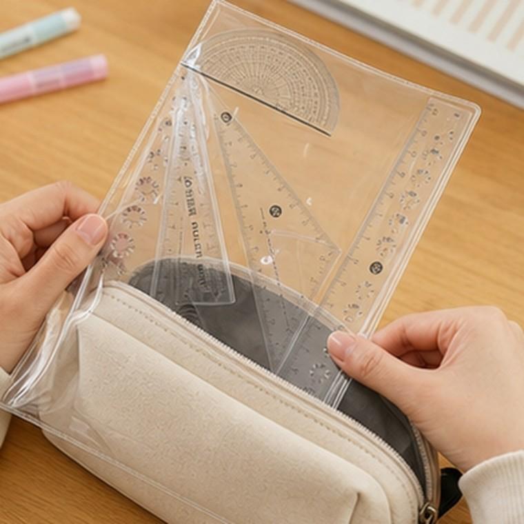 학생용 미니 투명 자 세트 4P 직자 삼각자 각도기 보관 파우치