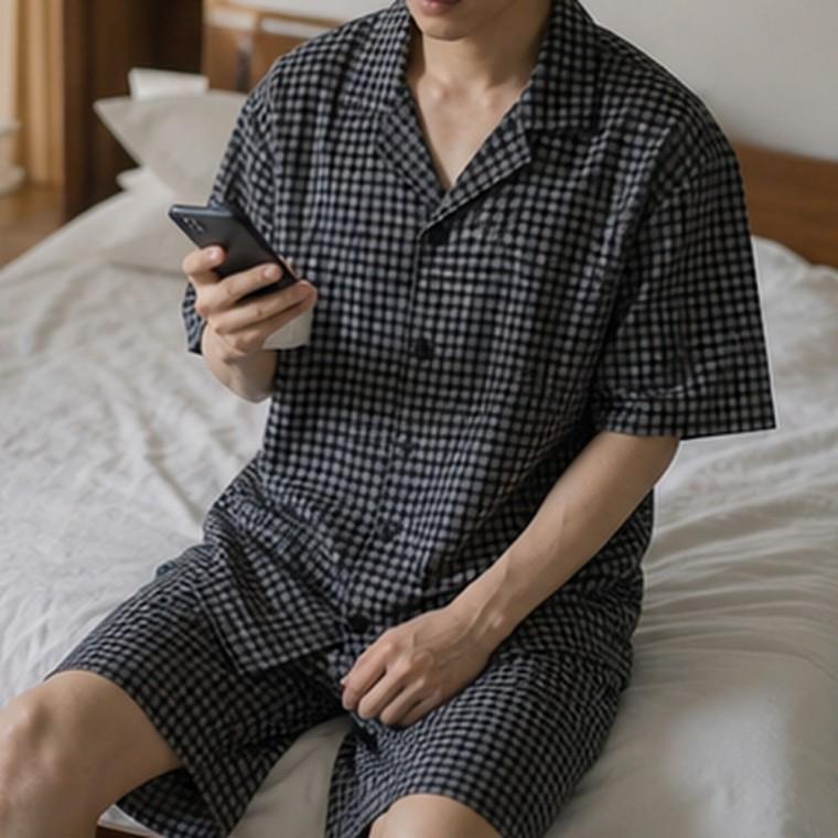 남성 반팔 체크 잠옷세트 빅사이즈 루즈핏 국내생산 여름 홈웨어 편안한 착용감