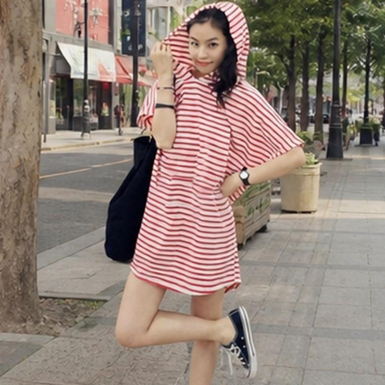 스트라이프 후드 반팔 루즈핏 원피스 미니 기장 데일리 낙낙한 실루엣