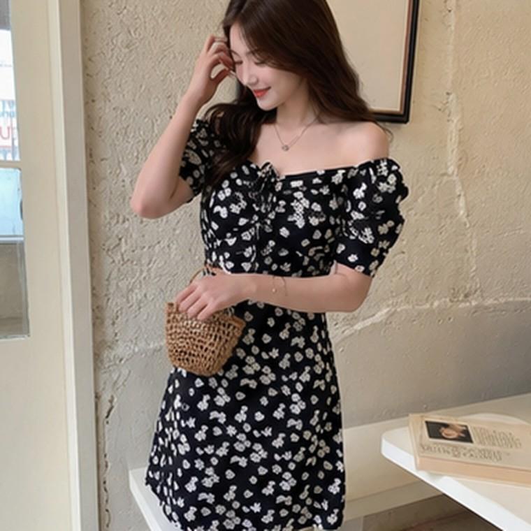 여성 데이지 플라워 퍼프 오프숄더 미니 원피스 셔링 리본끈 블랙