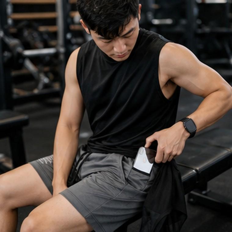 남성 트레이닝 운동반바지 허리밴딩 지퍼포켓 휴대폰 수납 허리끈 포켓