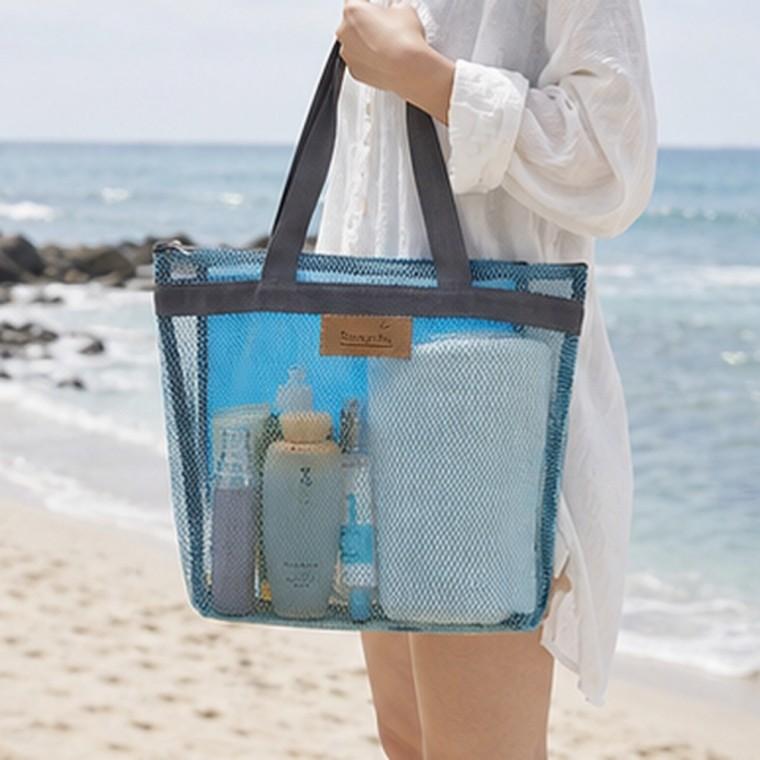 망사 비치백 물빠짐 이중 주머니 튼튼한 지퍼 여행 소풍 해변 물놀이