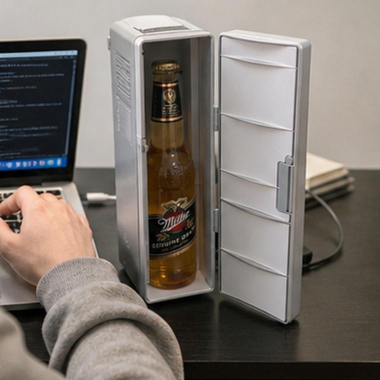 USB 미니 냉온장고 실버 책상 위 음료 보관 자석 도어 LED 점등