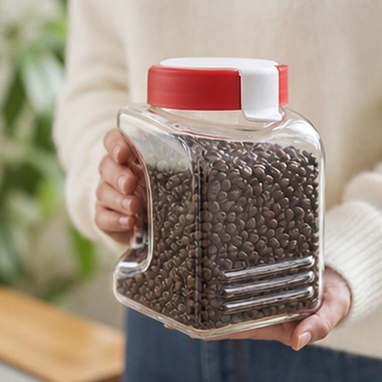 터치 밀폐 유리용기 1750ml 레드 뚜껑 커피원두 보관통 주방수납