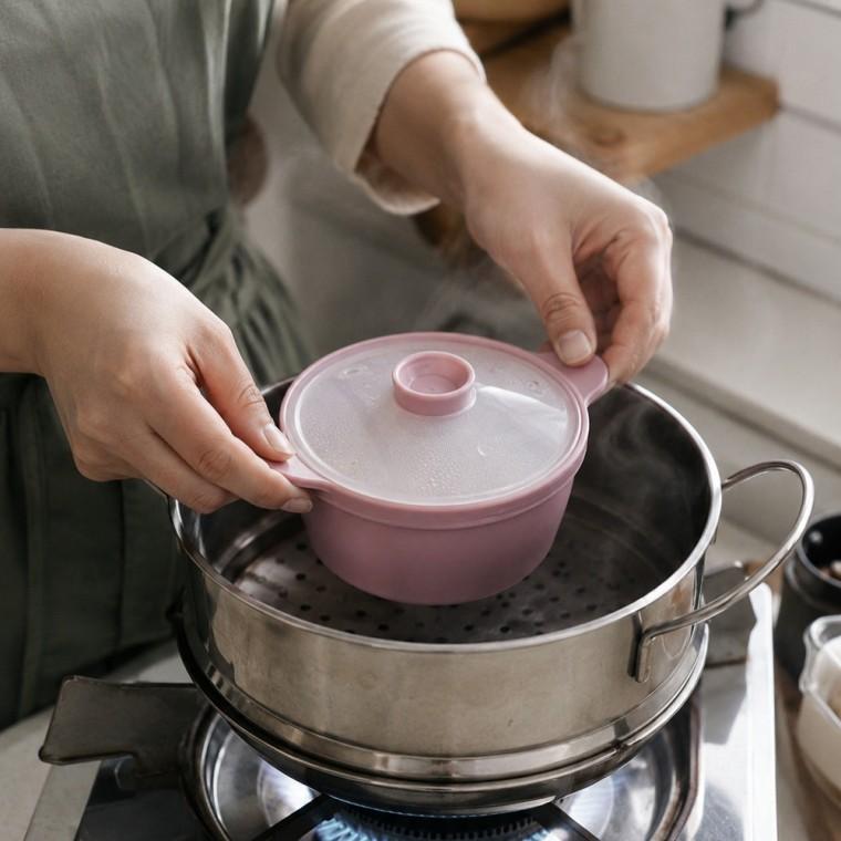 실리콘 찜기 용기 500ml 파스텔컬러 뚜껑 포함 손잡이 포함 1인분 조리용