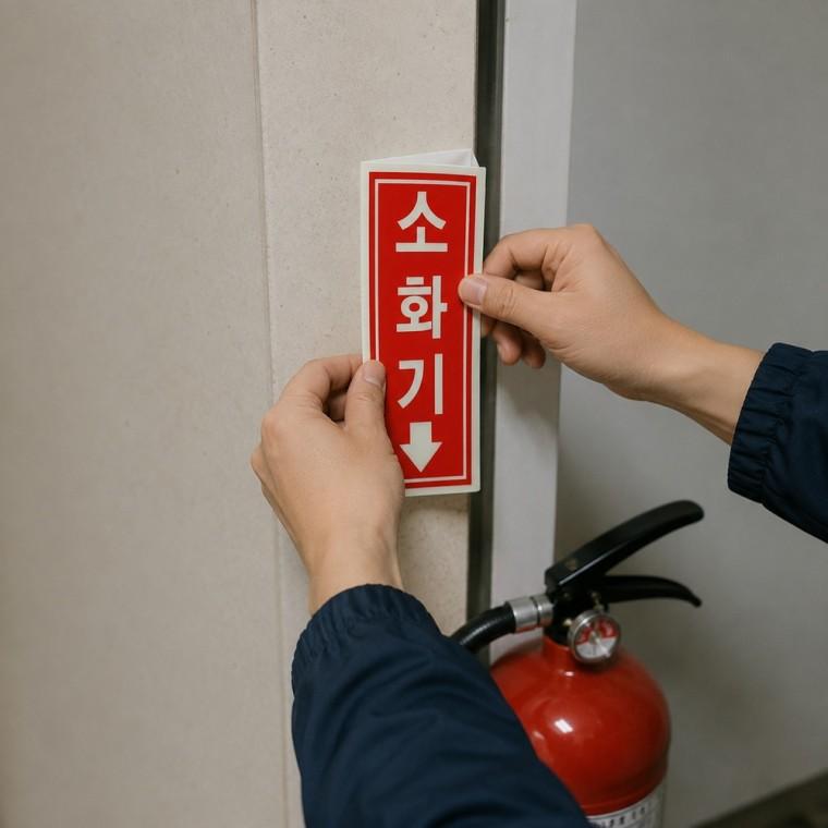삼각형소화기표지판 70x160 양면 아래화살표 건물내부비상안내표시