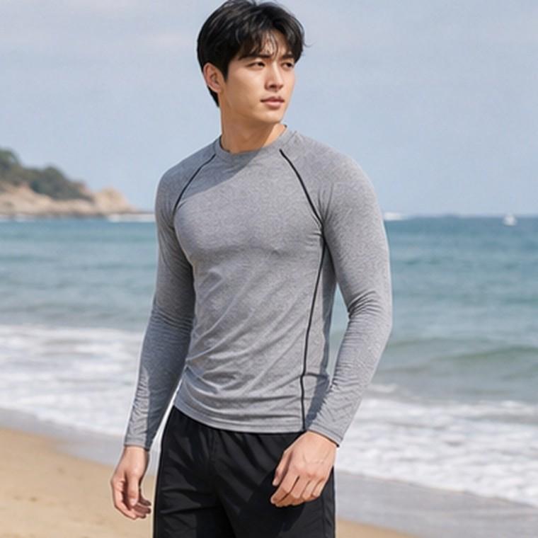 남성 래쉬가드 긴팔 티셔츠 그레이 솔리드 쿨링 퀵드라이 해변 물놀이 야외레저