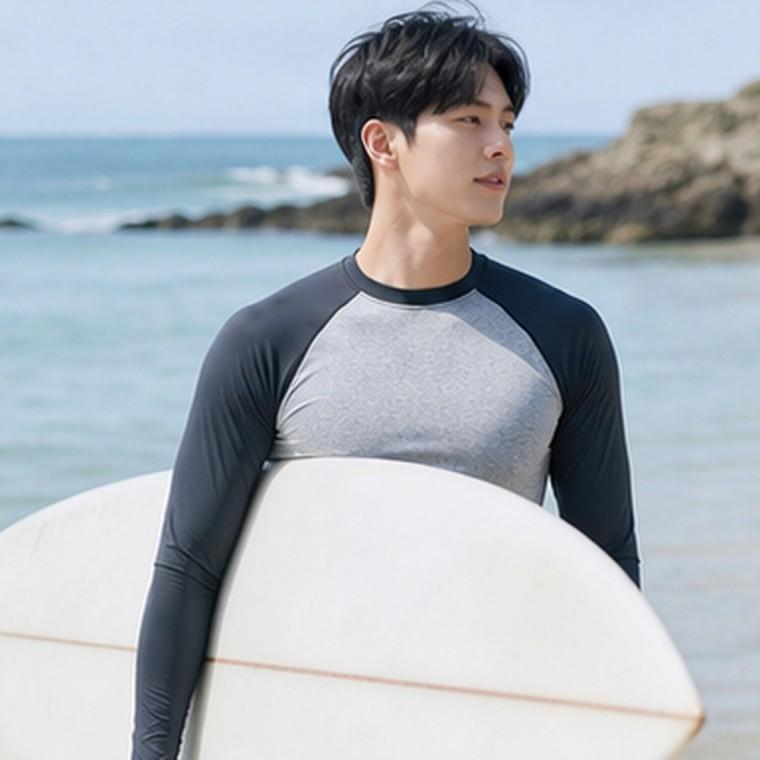 남성 래쉬가드 긴소매 배색 래글런 티셔츠 자외선차단 흡습속건 서핑 비치웨어