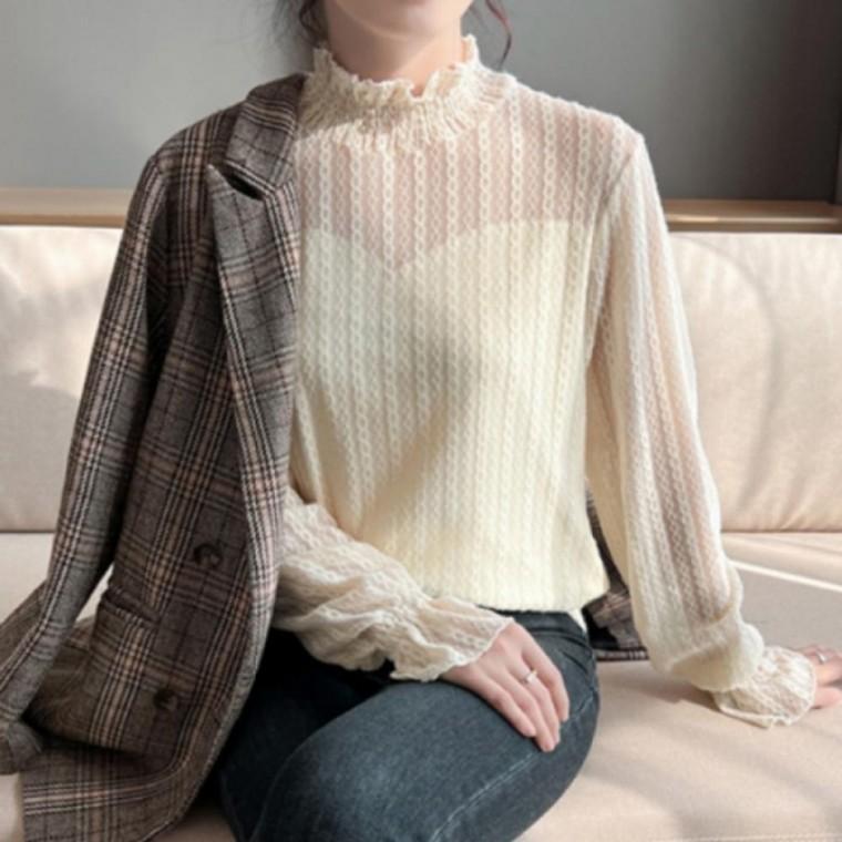 시스루 프릴 레이스 레이어드 목티 블라우스