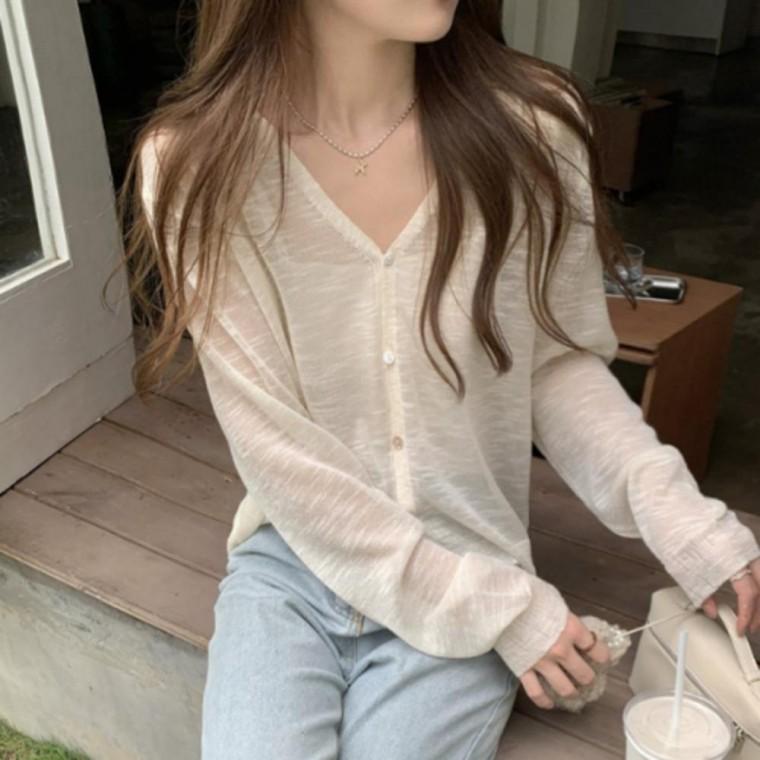 여성 여름 시원한 시스루 브이넥 여리핏 긴팔 니트 가디건 데일리