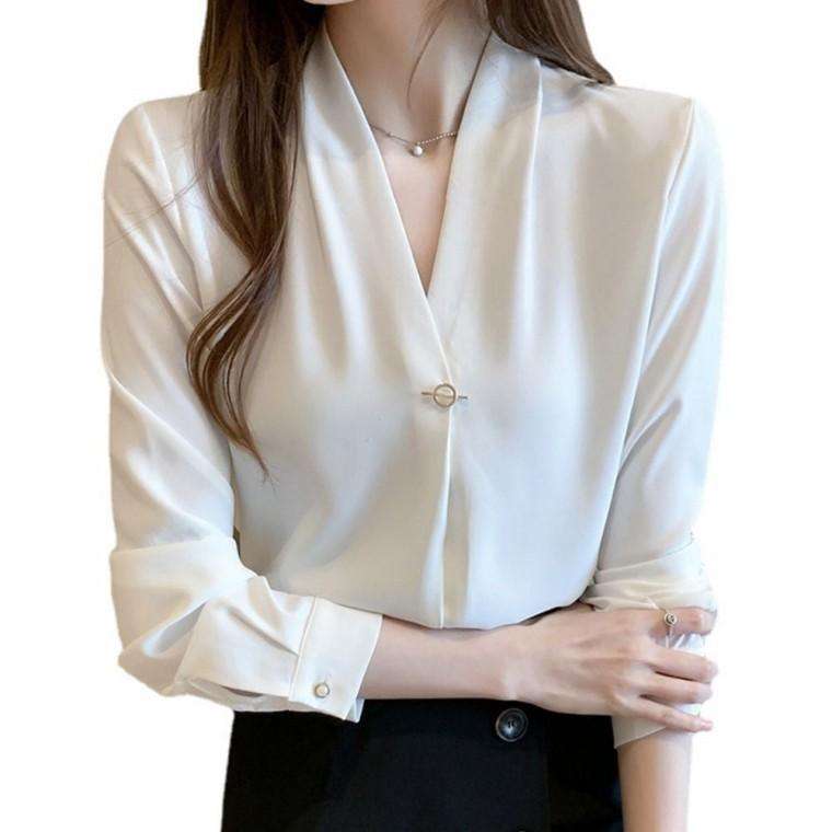 블라우스 베이직 브로치 셔츠 여성 쉬폰 화이트