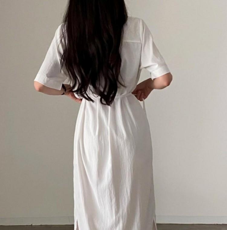여성 반팔 루즈핏 허리 스트랩 카라 브이넥 롱 원피스