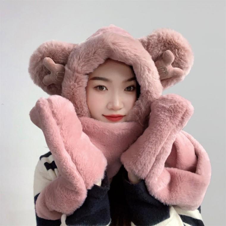 큐티베어 일체형 후드 머플러 핑크 캐릭터후드머플러