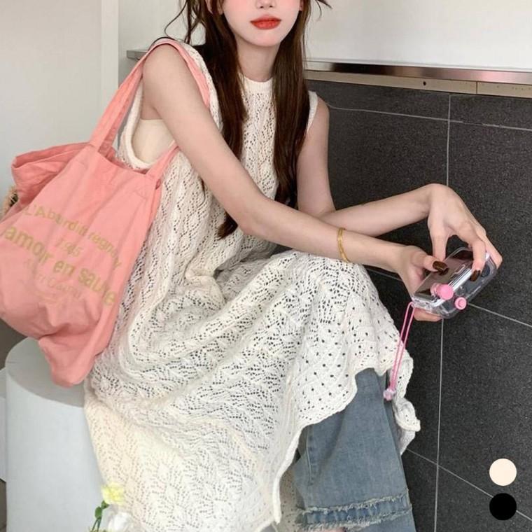 여자 뒷트임 얇은 짜임 레이어드 롱 조끼 URK497 여유 조끼 골지 흐 정장 여성 여자 롱 울 스웨터 니트조끼