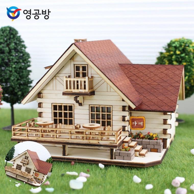 목재피규어 모형조립재료 만들기재료 나무판모형만들기재료 목재모형 통나무집 카페