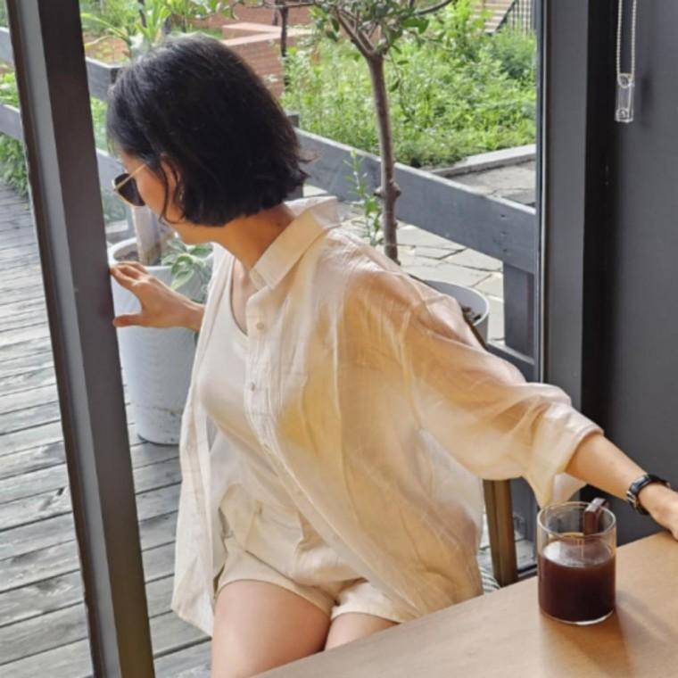 여성 카라 남방 여름 살안타 긴팔 시스루 스티치 셔츠