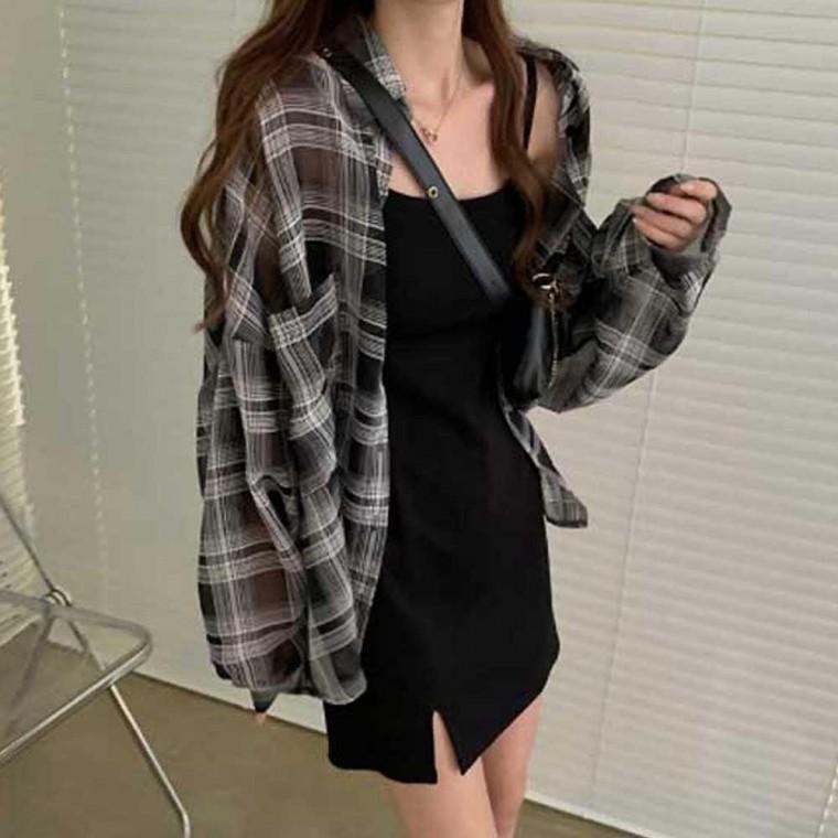 캐주얼 여친룩 루즈핏 체크 셔츠 나시 원피스 세트