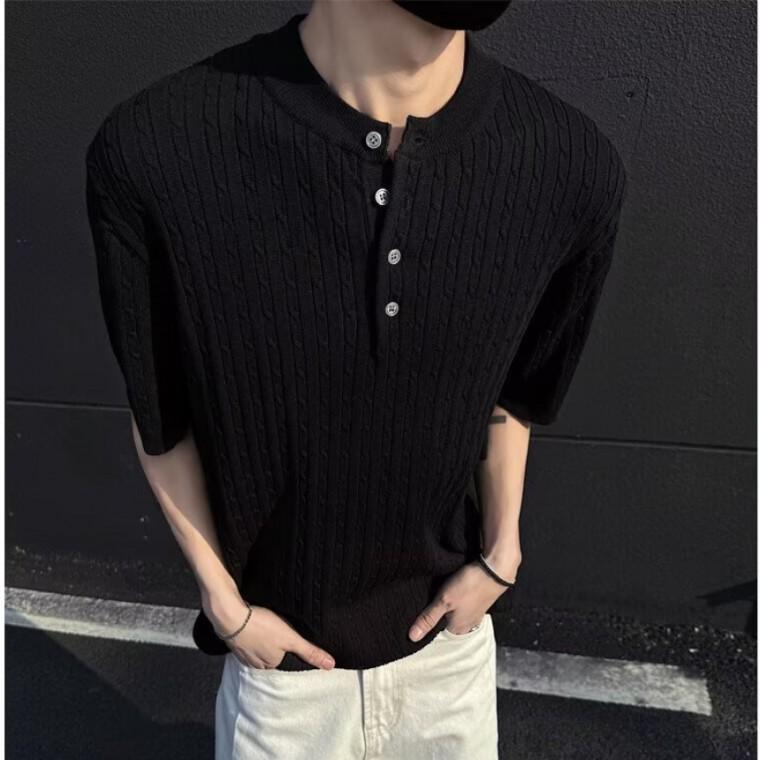 벗우 남성 케이블 헨리넥 반팔 니트 루즈핏 여름 풀오버 블랙