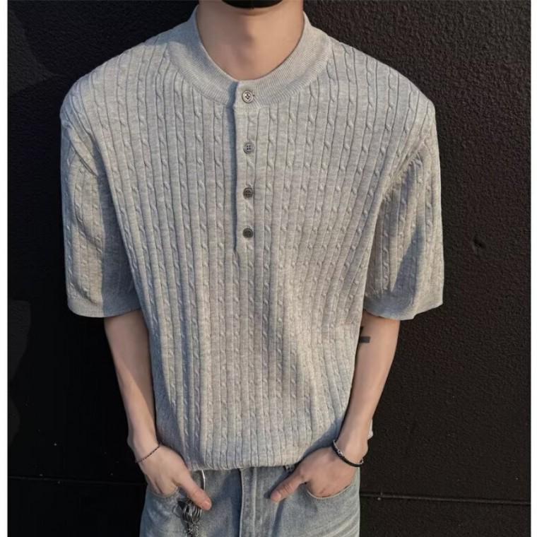 벗우 남성 케이블 헨리넥 반팔 니트 루즈핏 여름 풀오버