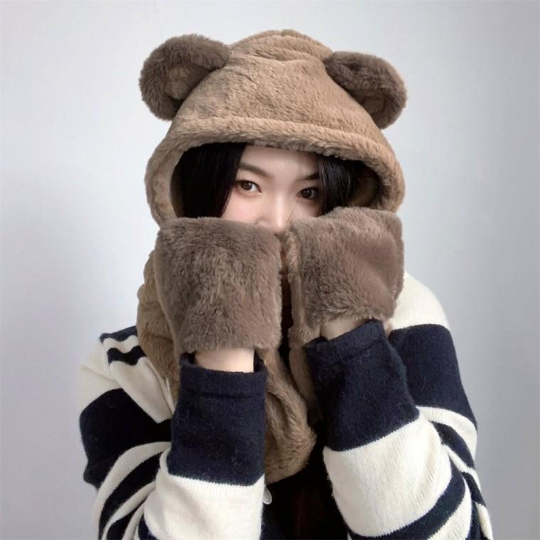 큐티베어 일체형 후드 머플러 브라운 귀요미후드머플러