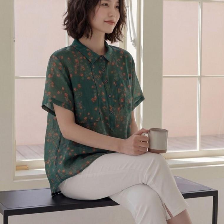 여성 여름 꽃무늬 넥셔링 반팔 티셔츠 블라우스 반팔블라우스 여름긴팔티셔츠 오버핏 통남방
