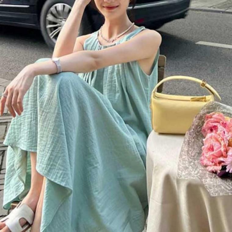 링클플리 여성 여름 셔링 홀터넥 민소매 롱 원피스