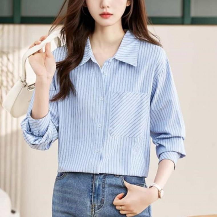여자스트라이프블라우스 여자셔츠 긴소매블라우스 루즈핏블라우스