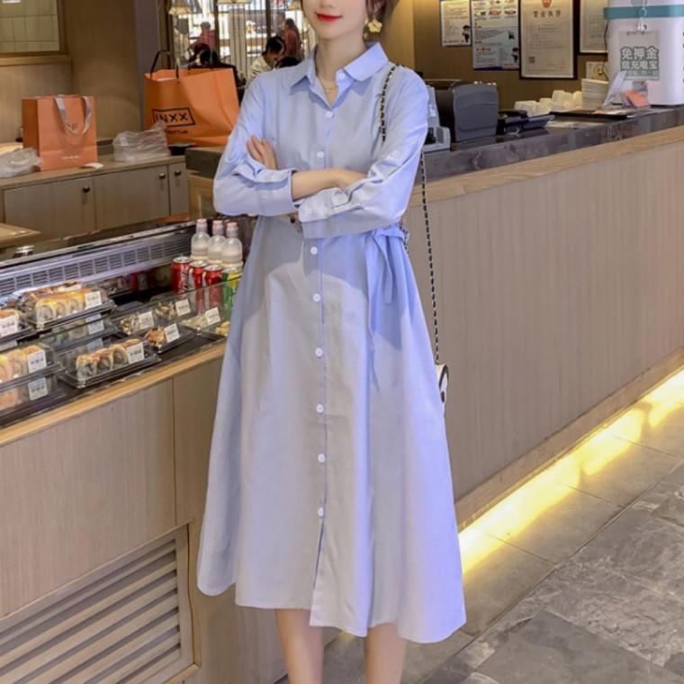 여성 빅사이즈 임부복 임산부 롱 셔츠 카라 긴팔 원피스