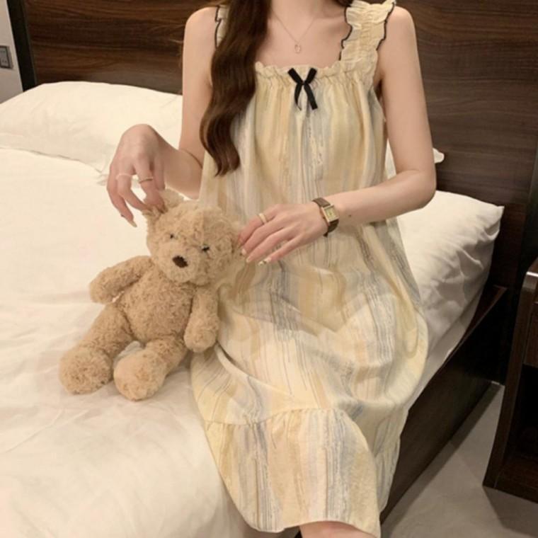 플라워 잠옷 홈웨어 여성 캡내장 리본 나시 원피스