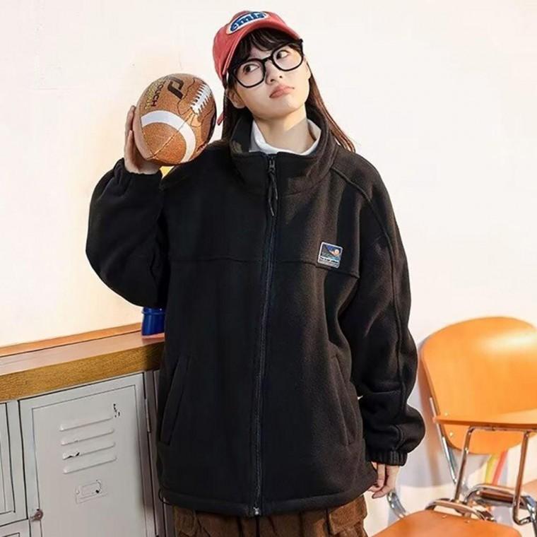 여성 와펜 포인트 소프트 플리스 텍스처 오버 스타일 집업 재킷 여자 자켓 오버핏 가을