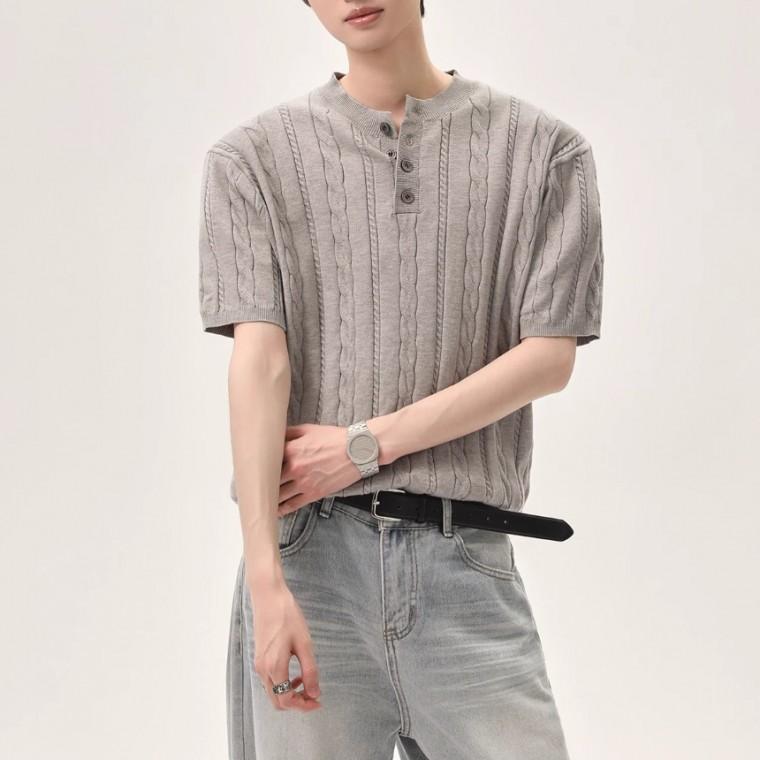 벗우 케이블 반팔 니트 헨리넥 남성 여름 데일리 니트 빅사이즈 그레이