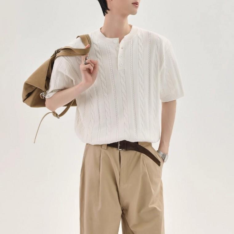 벗우 케이블 반팔 니트 헨리넥 남성 여름 데일리 니트 빅사이즈 화이트