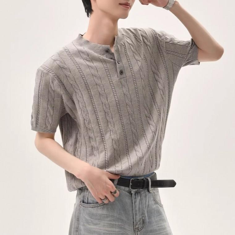 벗우 케이블 반팔 니트 헨리넥 남성 여름 데일리 니트 빅사이즈