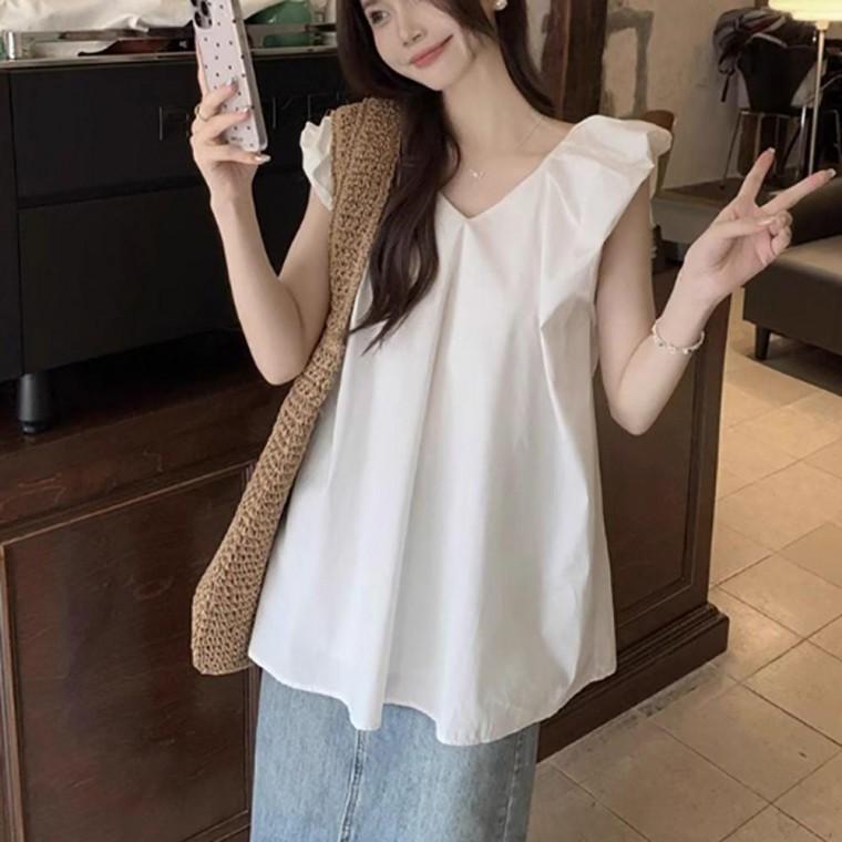 여자 청순 브이넥 라인 러블리 여성 스러운 스타일 프릴 소매 블라우스 반팔 셔츠 퍼프