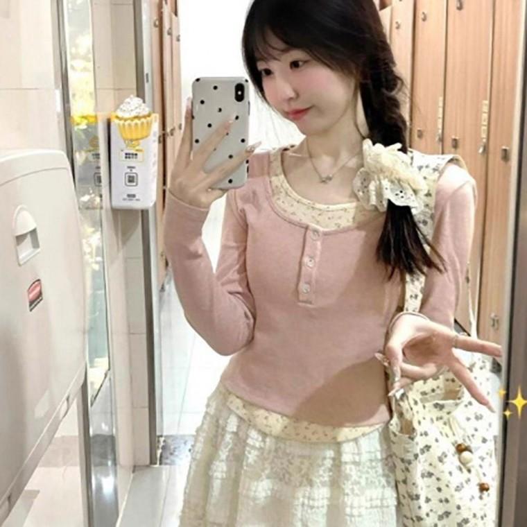 여자 플라워 레이어드 포인트 러블리 핑크 긴팔 티셔츠 맨투맨 레이스 나시 형광