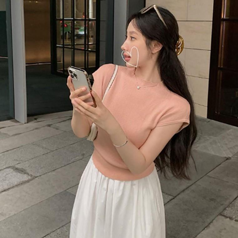 여자 여리 스타일 트렌디 무드 백 리본 포인트 슬림 반팔 니트 레이스 티셔츠 레이스티