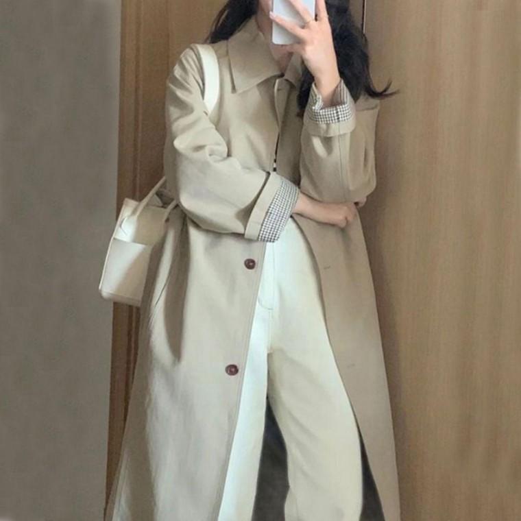 여자 외출 패션 클래식 스타일 체형 커버 캐주얼 체크 포인트 트렌치 코트 여성 여름