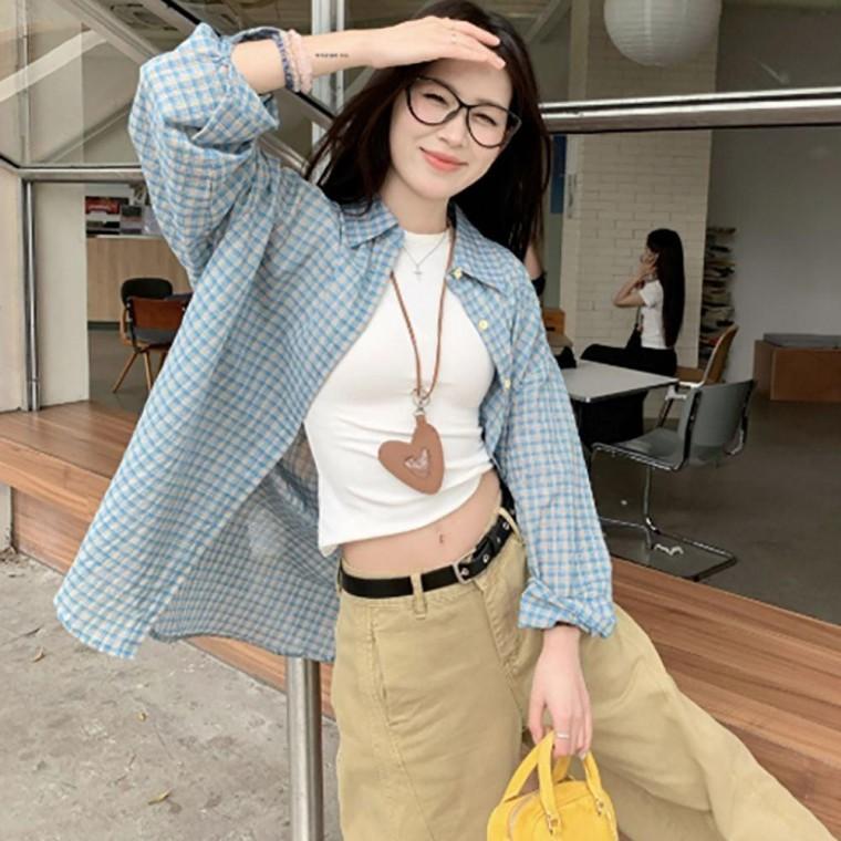 여자 캐주얼 스트릿 패션 내추럴 사각 체크 패턴 루즈핏 셔츠 맨투맨 티셔츠 레이스 나시