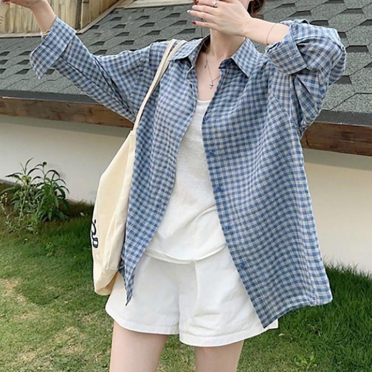 여자 사각 체크 패턴 루즈핏 스타일 외출 간편 패션 긴팔 셔츠 맨투맨 티셔츠 레이스