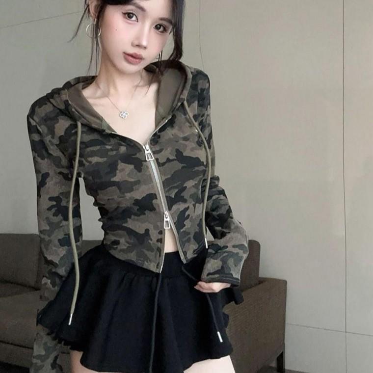 여자 외출 밀리터리 패션 슬림 스타일 투웨이 지퍼 카모 크롭 후드 집업 플리스 자켓