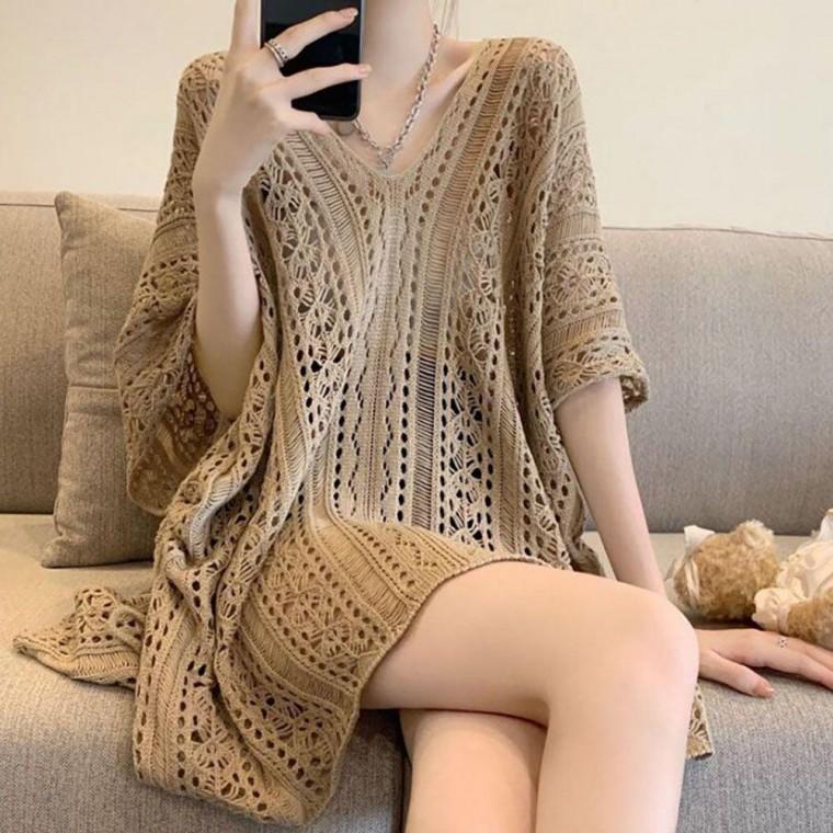 여자 바닷가 휴양지 바캉스 비치 니트 커버업 비치웨어 원피스 수영복 여성 시스루